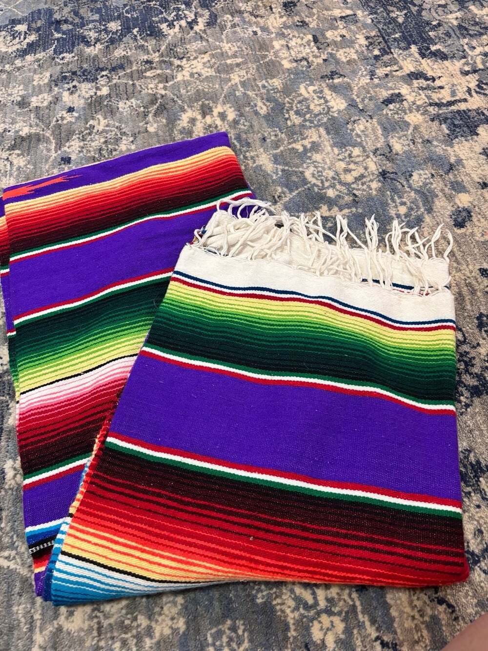 Traditional Mexican Serape Blanket Multicolor Striped with Fringe Purple